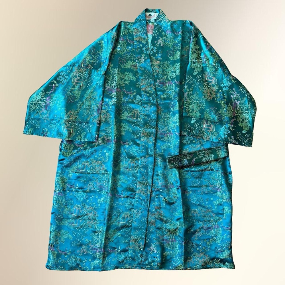 Teal Floral Satin Robe Jacket - Women's Kimono Style